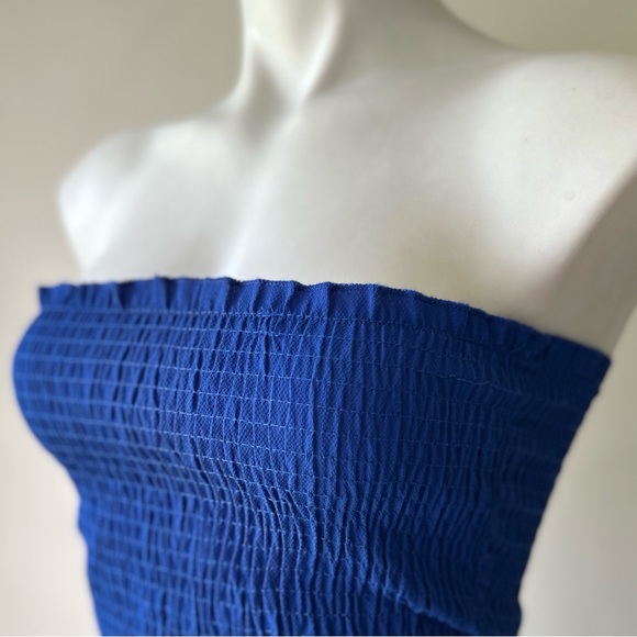 LF Seek The Label Smocked Strapless Ruffled Hem Bodycon Mini Dress, Royal Blue S - Picture 3 of 7